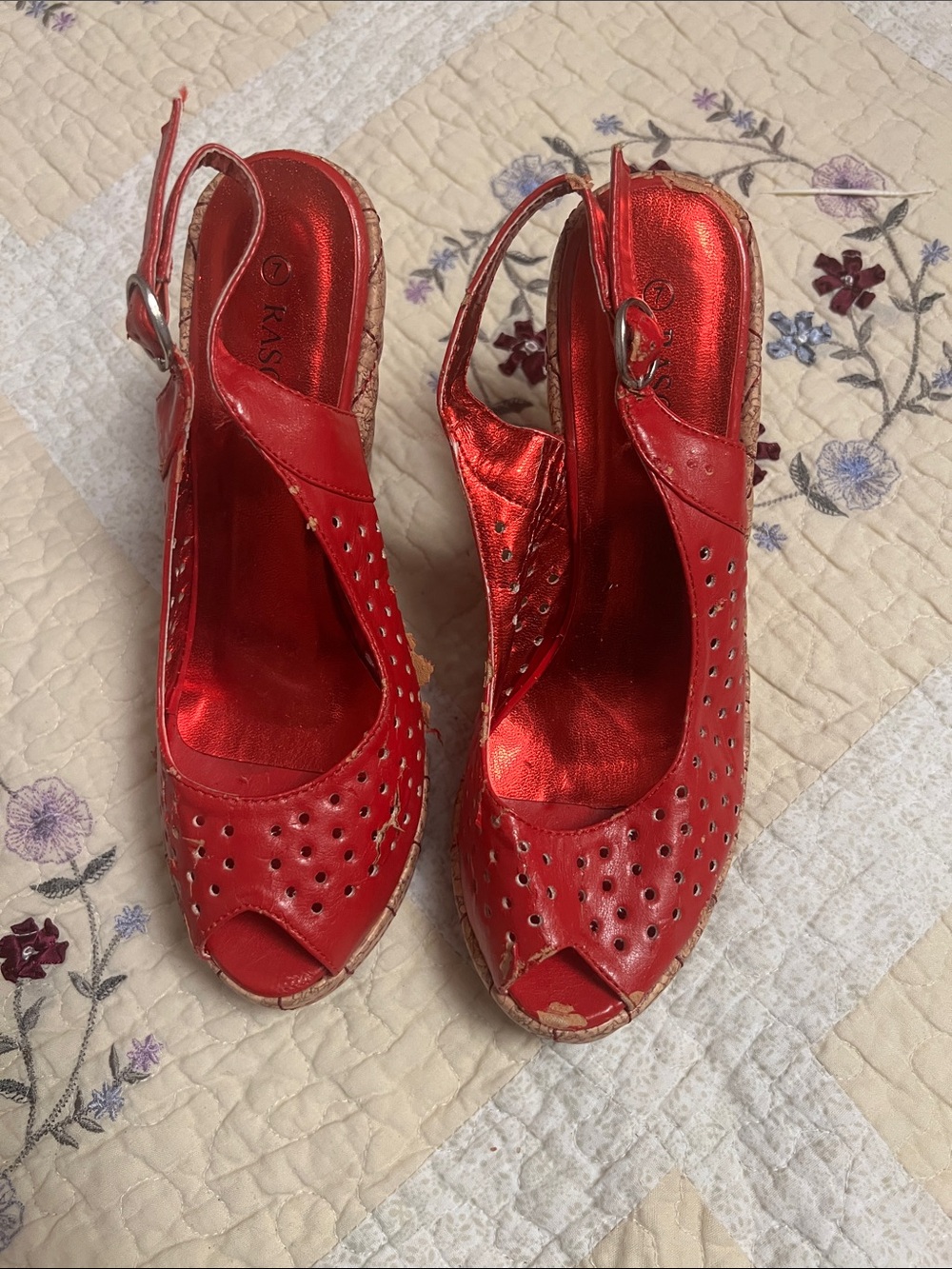 Rasolli Red Perforated Peep-Toe Slingback Wedge Sandals